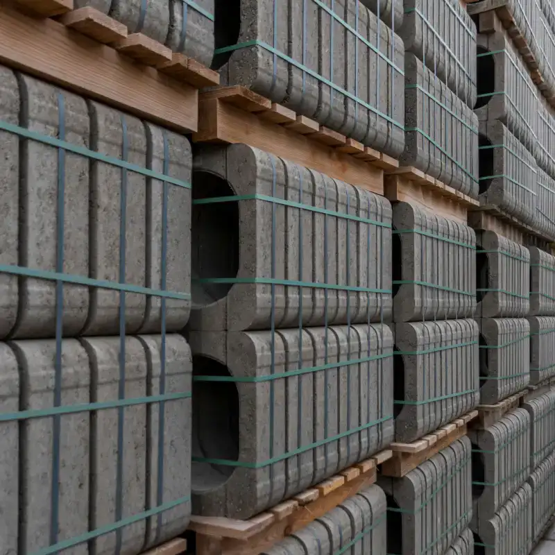 Precast concrete elements stacked in a precast yard