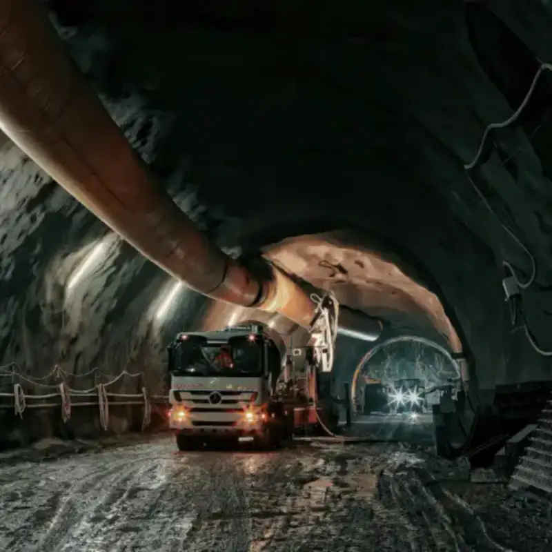 Shotcrete being sprayed onto a tunnel wall